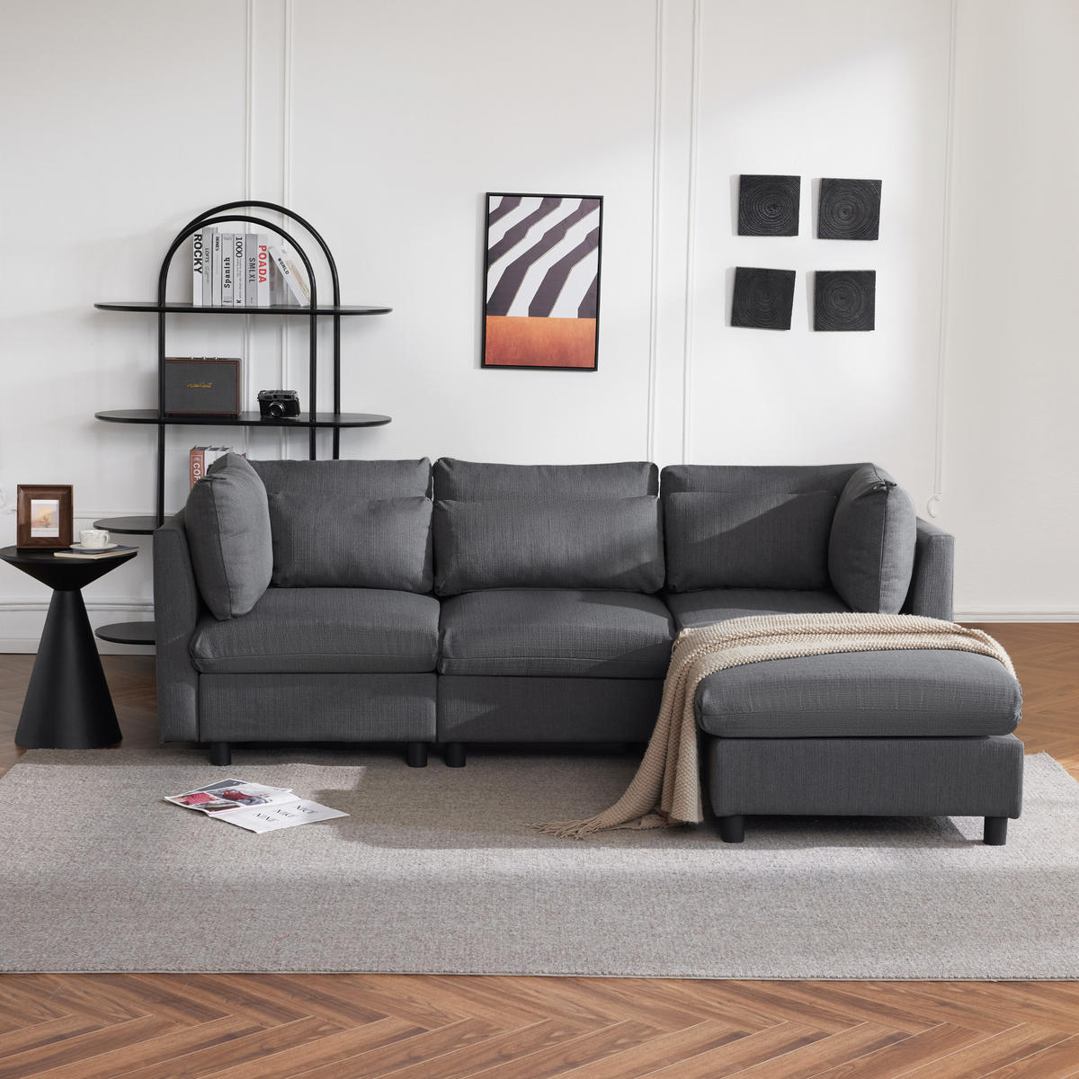 MODULSOFA Ecksofa L-Form mit Hocker Modern Grau 3-Sitzer - Grau, Holz (76/76cm) - FLIEKS