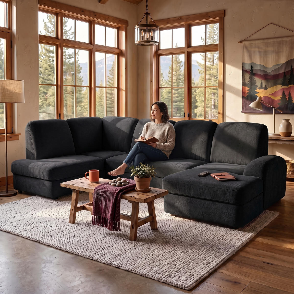 ECKSOFA VIBE U Links mit Schlaffunktion 129x263 Chenille Anthrazit - Anthrazit/Schwarz, Holz/Kunststoff (280/102/186cm) - Muffo