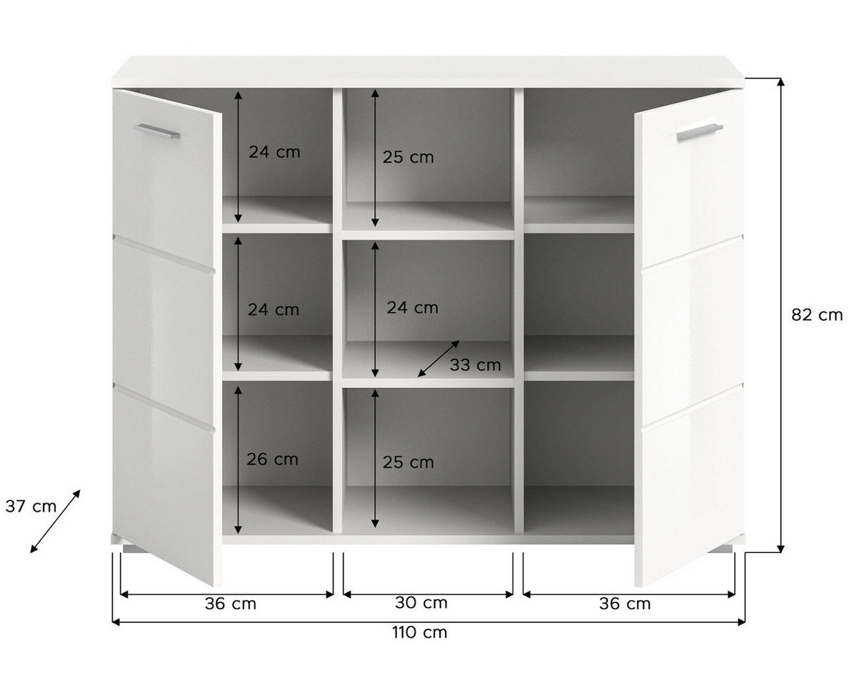 KOMMODE weiß Hochglanz 110 cm, Sideboard mit 9 Fächern - Weiß Hochglanz/Silberfarben, Holzwerkstoff/Kunststoff (110/83/37cm) - Inn.Furn