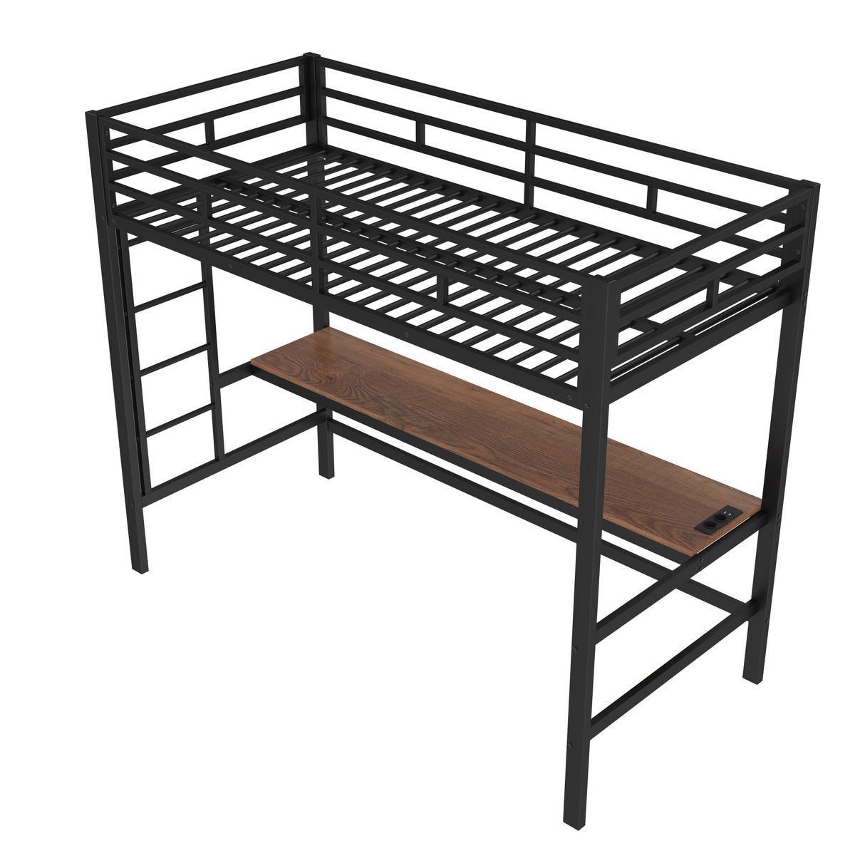 HOCHBETT mit Schreibtisch 90/200 cm in Schwarz – mit Leiter und LED-Lichtleiste - Schwarz, Metall (90/200cm) - BEAOK