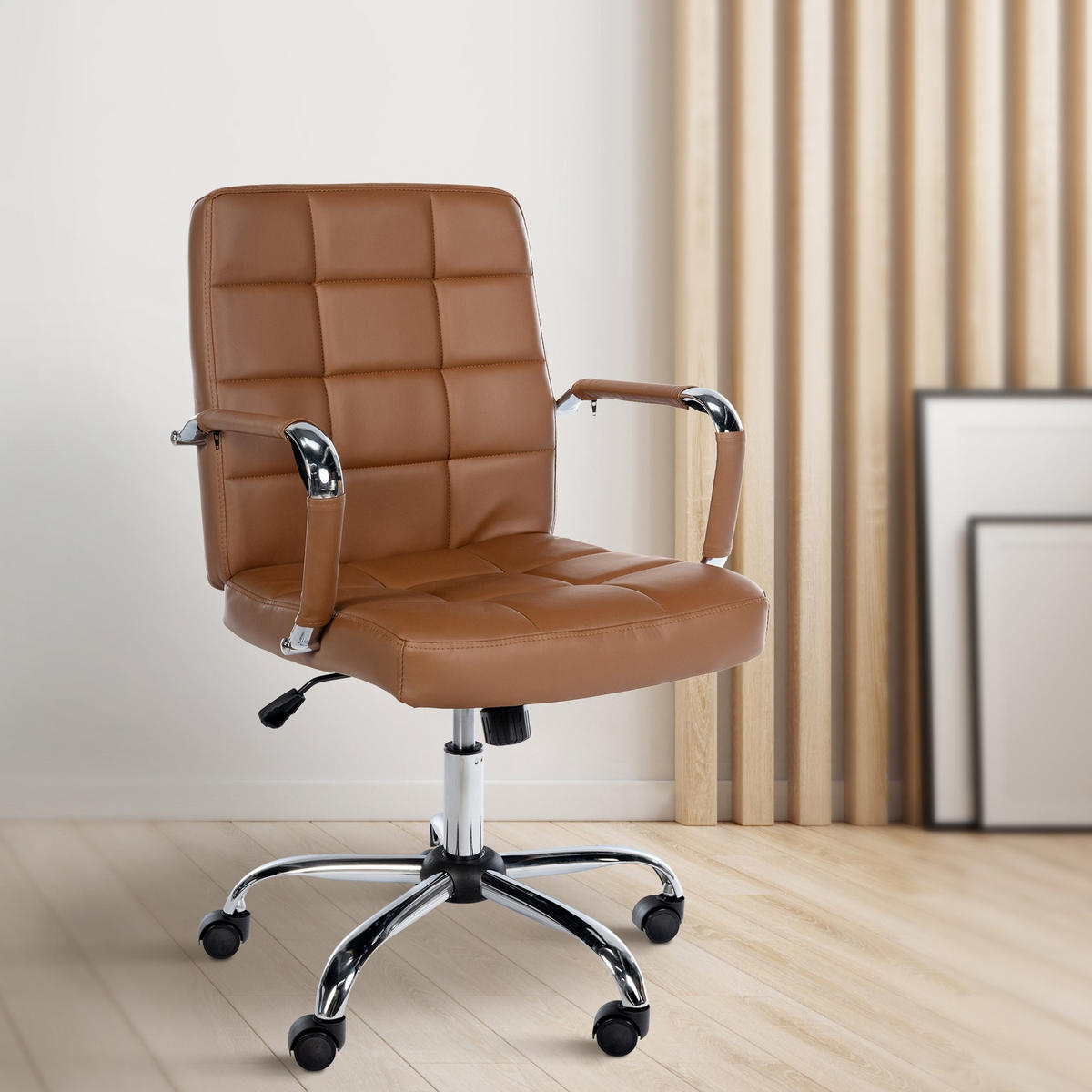 DREHSTUHL Lederlook hellbraun - Chromfarben/Hellbraun, Textil/Metall (58/92/62cm) - CLP