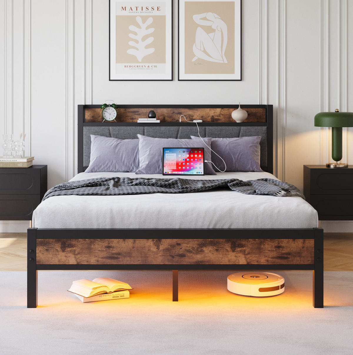 POLSTERBETT 140/200 cm mit LED-Beleuchtung, USB und Stauraum-Kopfteil, MDF/Metall, Antikbraun - Rotbraun, Holzwerkstoff (140/200cm) - Redom