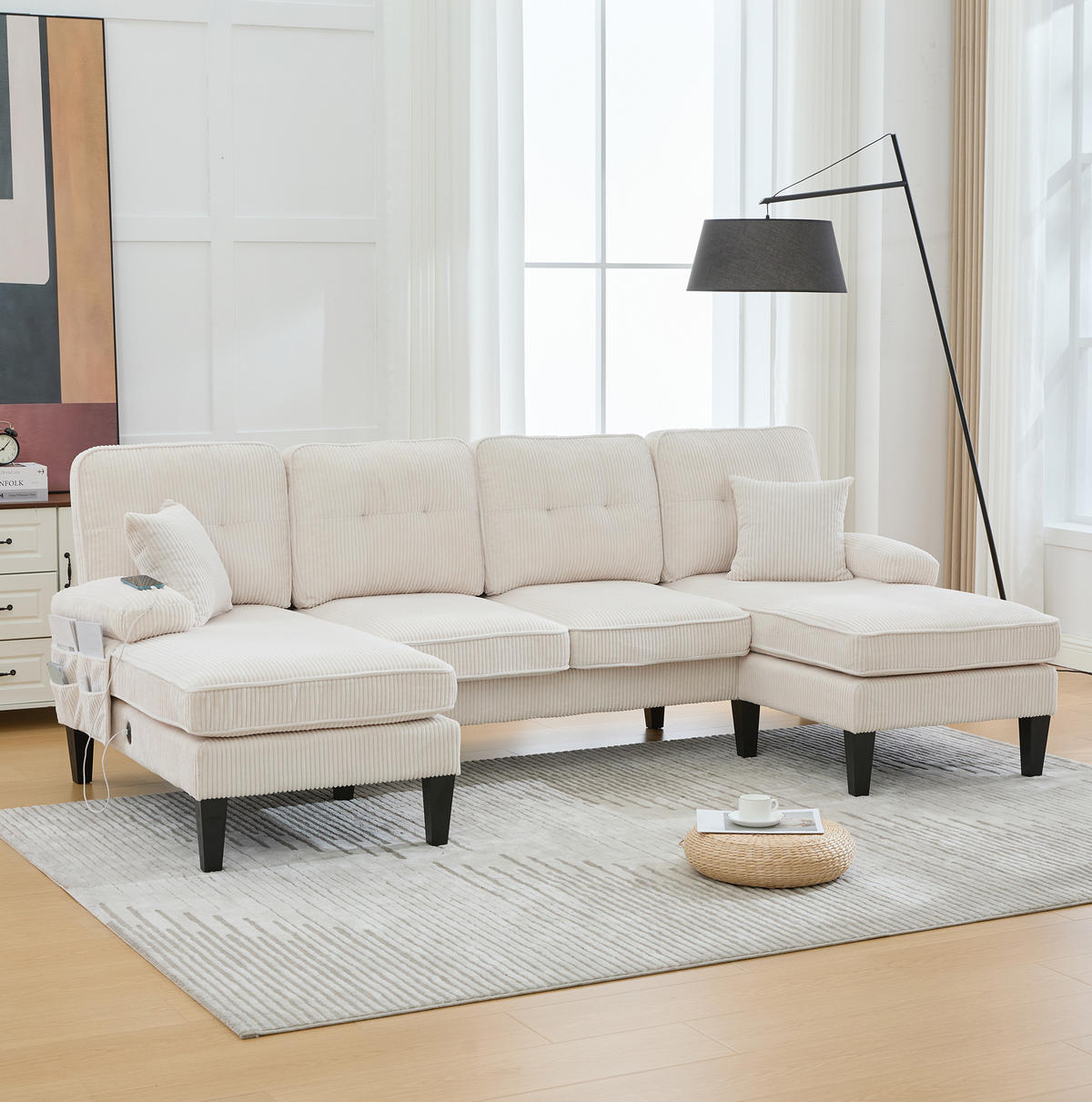 WOHNLANDSCHAFT aus Cord 250x130x88 cm in Beige mit USB/Type-C & Seitentaschen - Beige, Textil (130/88/250cm) - Modfu