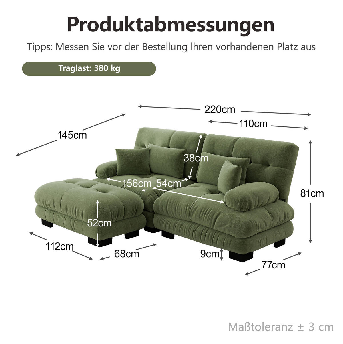 ROHOVÁ sedačka s otomanmi, ženilka, zelená, 220/145 cm - zelená, textil (145/220cm) - Flora Grace