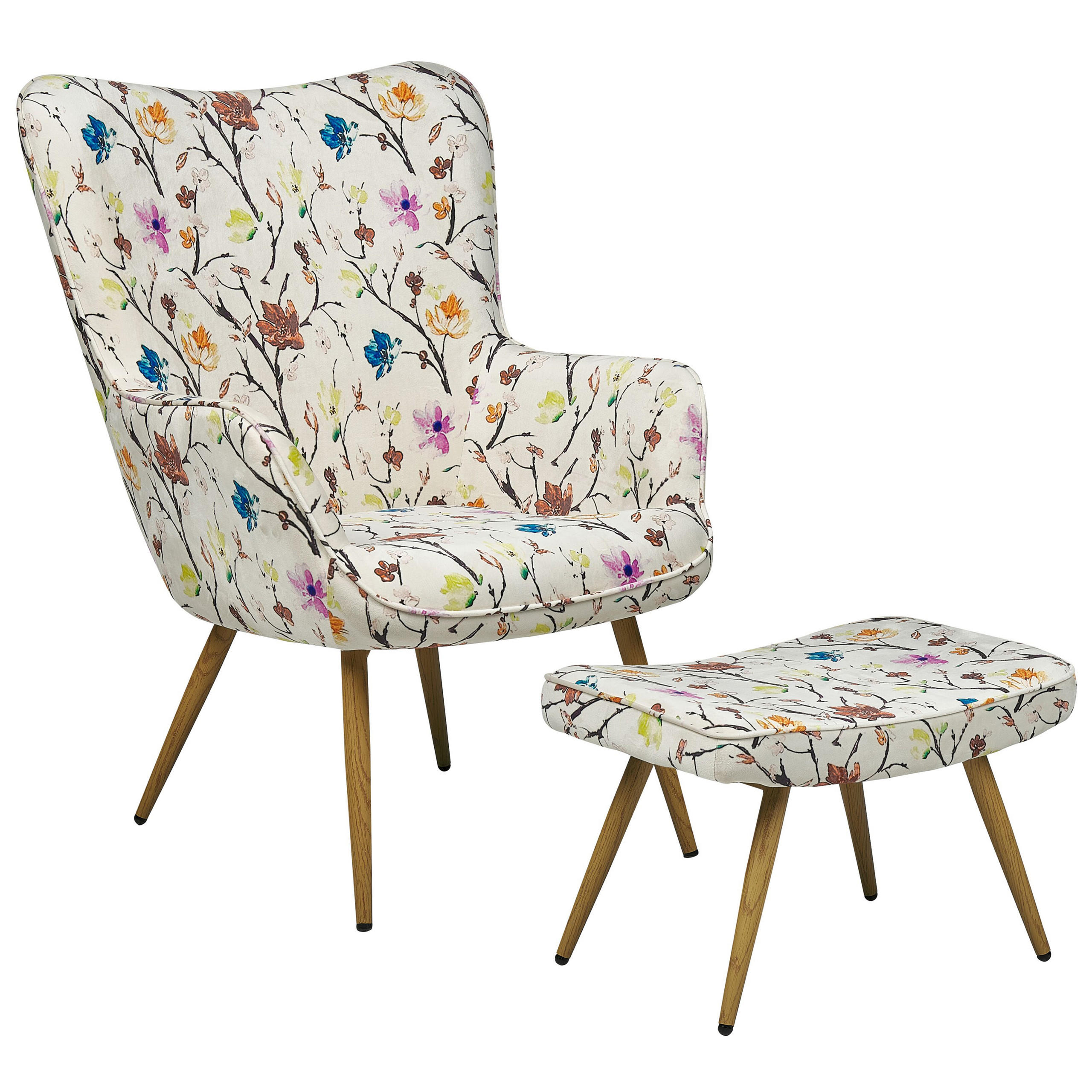 SESSEL Blumenmotiv cremeweiß mit Hocker Vejle - Hellbraun/Multicolor, Textil (62/93/78cm) - Beliani