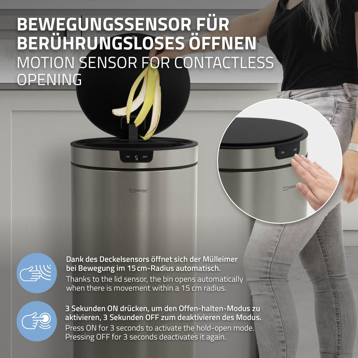 MÜLLEIMER mit Sensor 40L rund aus Edelstahl Silber - Silberfarben, Metall (29/68/29cm) - ML-DESIGN