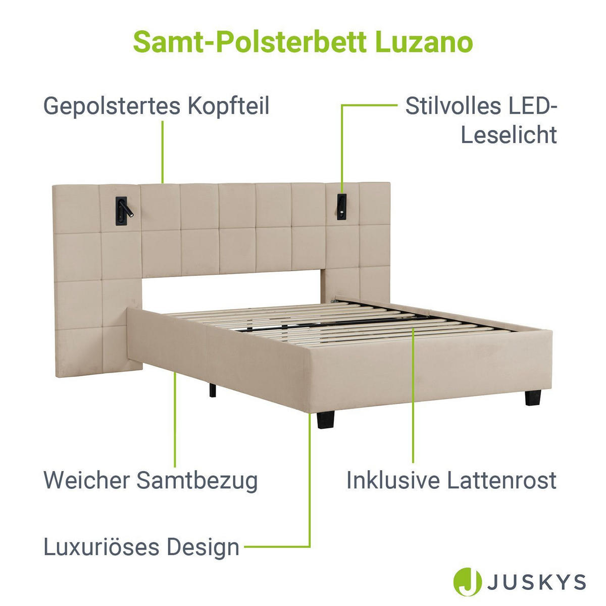 POLSTERBETT Luzano Beige Samt mit Leselicht und Matratze - Beige, Holz (140/200cm) - Juskys