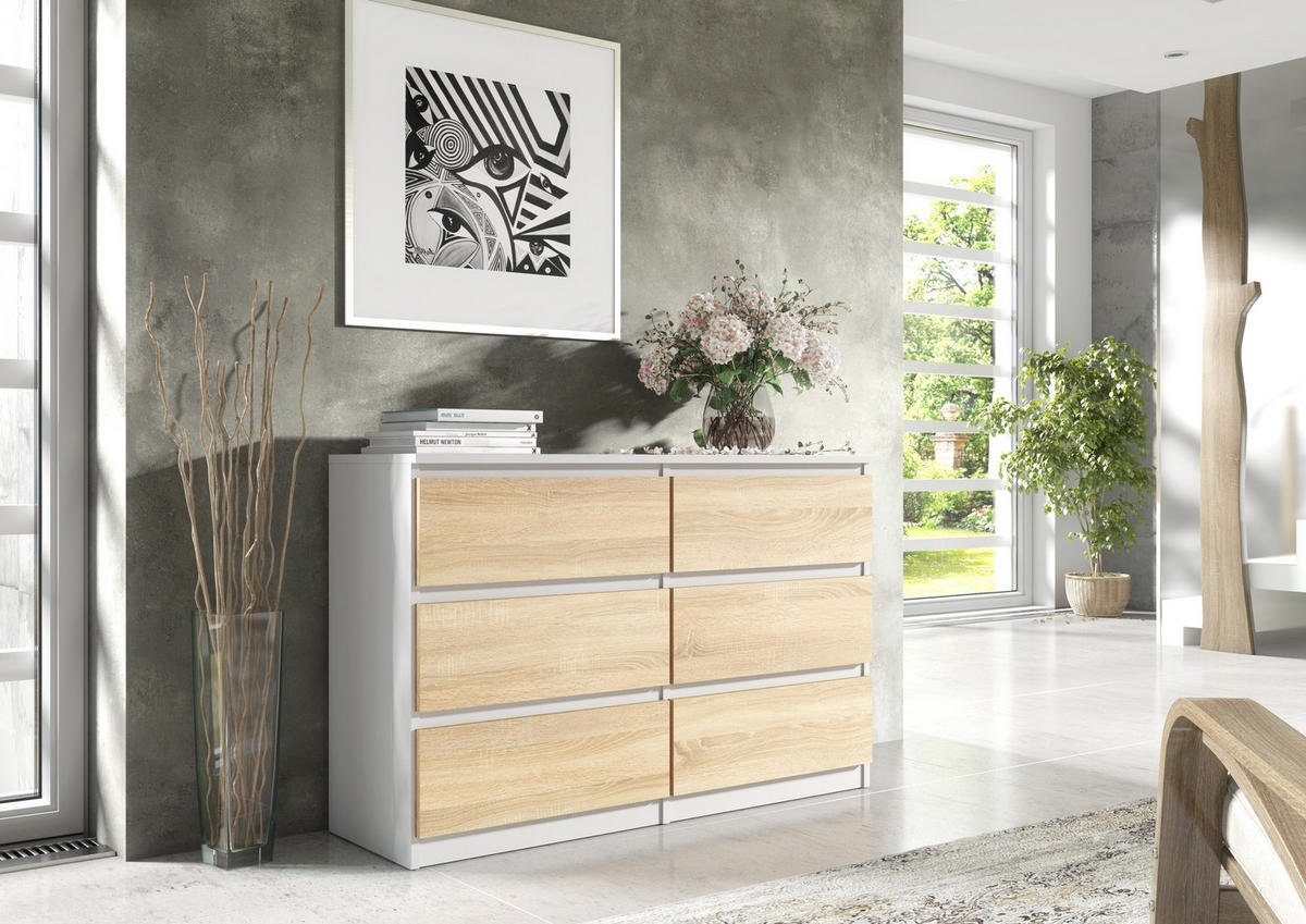 KOMMODE NUDO 120/78,5/39cm mit 6 Schubladen Türen Weiß - Weiß/Sonoma Eiche, Holzwerkstoff (120/78.5/39cm) - MASSENO
