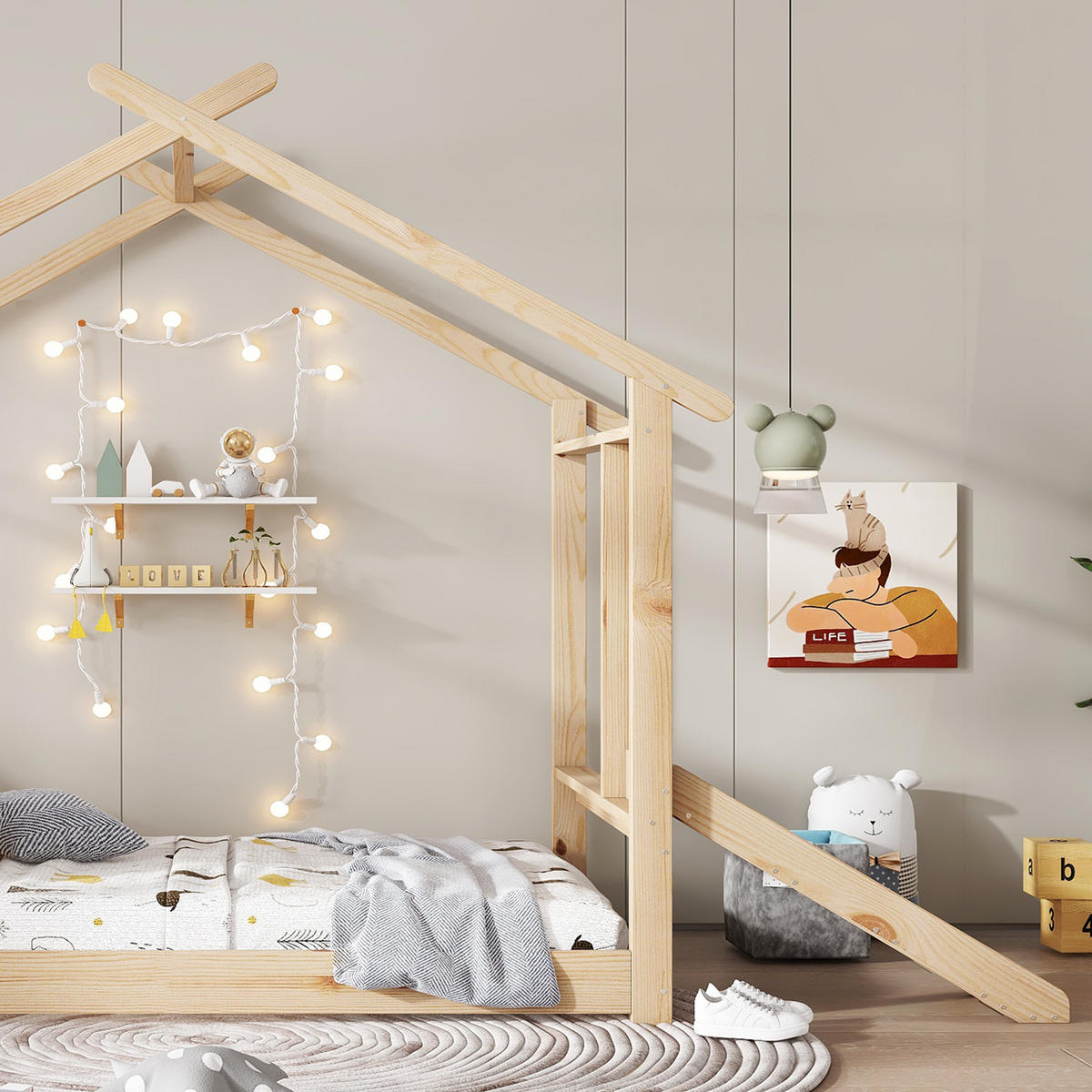 KINDERBETT 90/200 cm Natur mit Rutsche und beschreibbarer Weißwandtafel aus Kiefer und MDF - Naturfarben, Holz (90/200cm) - OKWISH