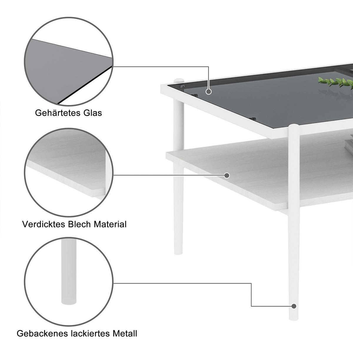 COUCHTISCH mit Glasplatte & MDF-Gestell, Einheitsgröße / Glas + MDF + Eisen - Weiß/Grau, Glas/Holzwerkstoff (97.5/61.5/45cm) - EVRYAE