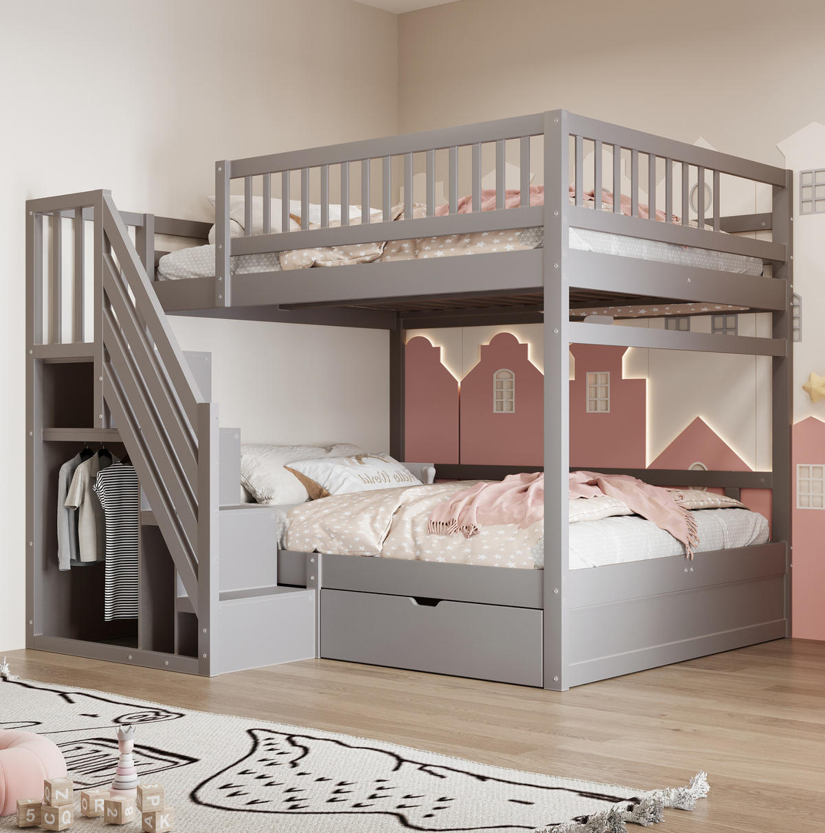 ETAGENBETT 140/200 cm mit Stauraumtreppe, Schubladen und Lattenrosten, Grau - Grau, Holzwerkstoff (140/200cm) - Redom