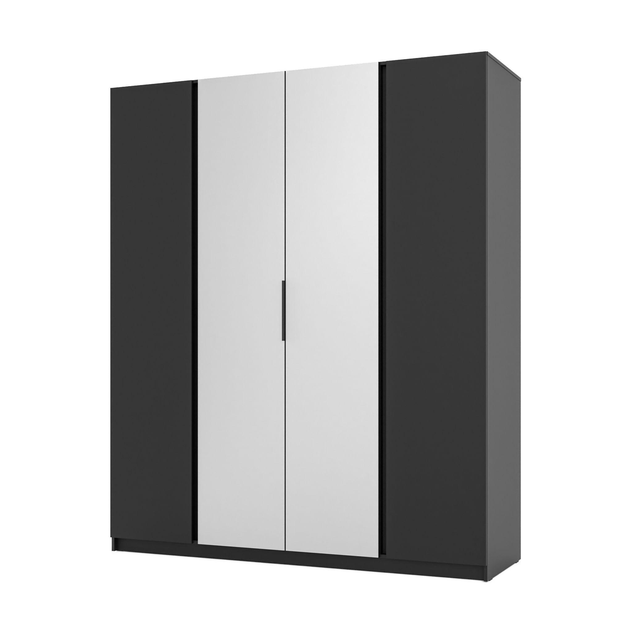 DREHTÜRENSCHRANK CAGLIARI 200/239/61,9cm 4-türig mit Spiegel Schwarz - Schwarz, Holzwerkstoff (200/239/61.9cm) - MASSENO
