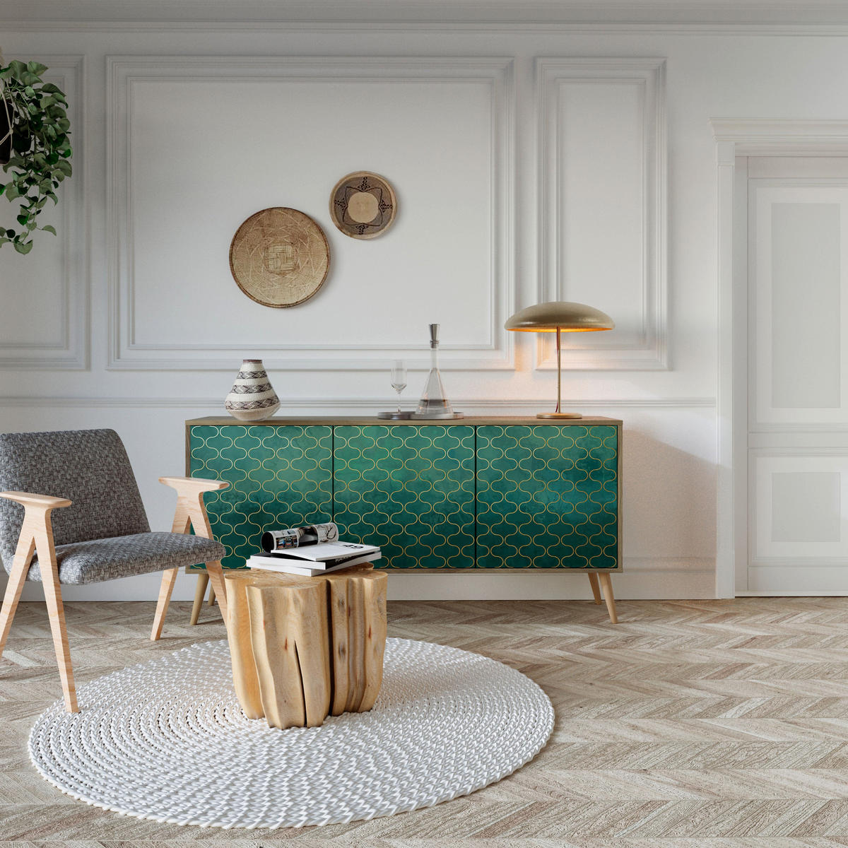 SIDEBOARD TESSELATED GREENERY, Eicheneffekt, 164,5x42x77,5 cm, 3 Türen - Eichefarben/Buchefarben, Holzwerkstoff/Buchenholz (164.5/77.5/42cm) - SpaceRebels