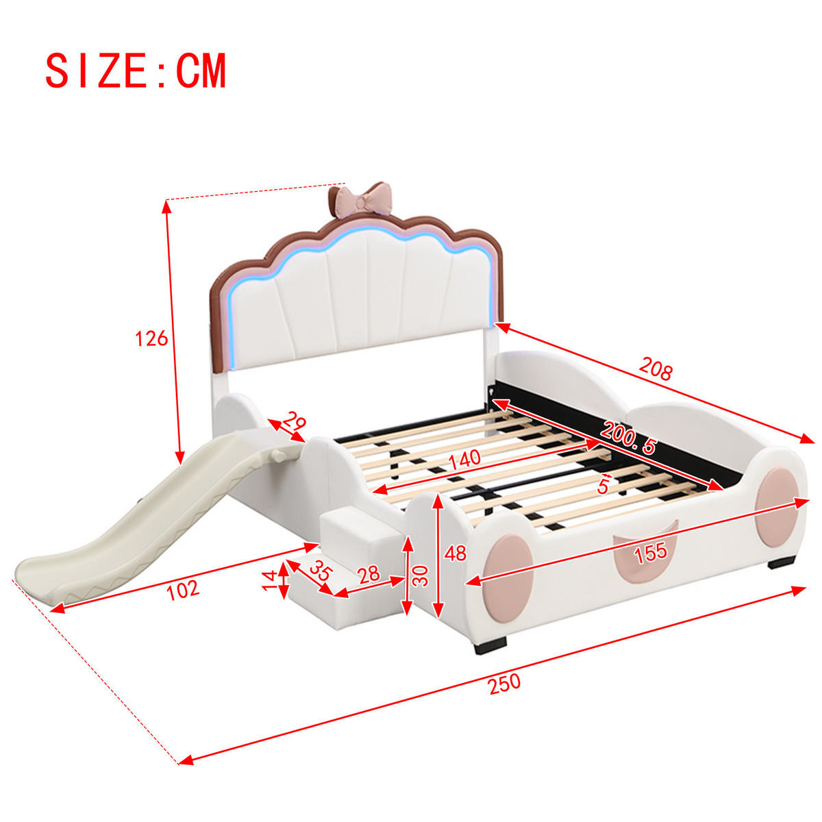 KINDERBETT 140x200cm Rosa + Weiß Cartoon Schmetterlingsbett LED Rutsche - Multicolor, Holz (140/200cm) - FLIEKS