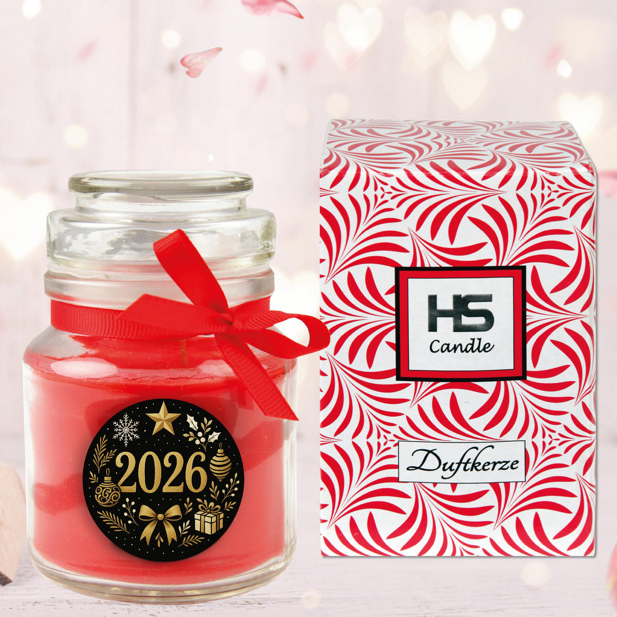 DUFTKERZE im Glas - Neujahr Kirsche Bonbonsglas 120 g - Hellrot, Naturmaterialien (7/10cm)