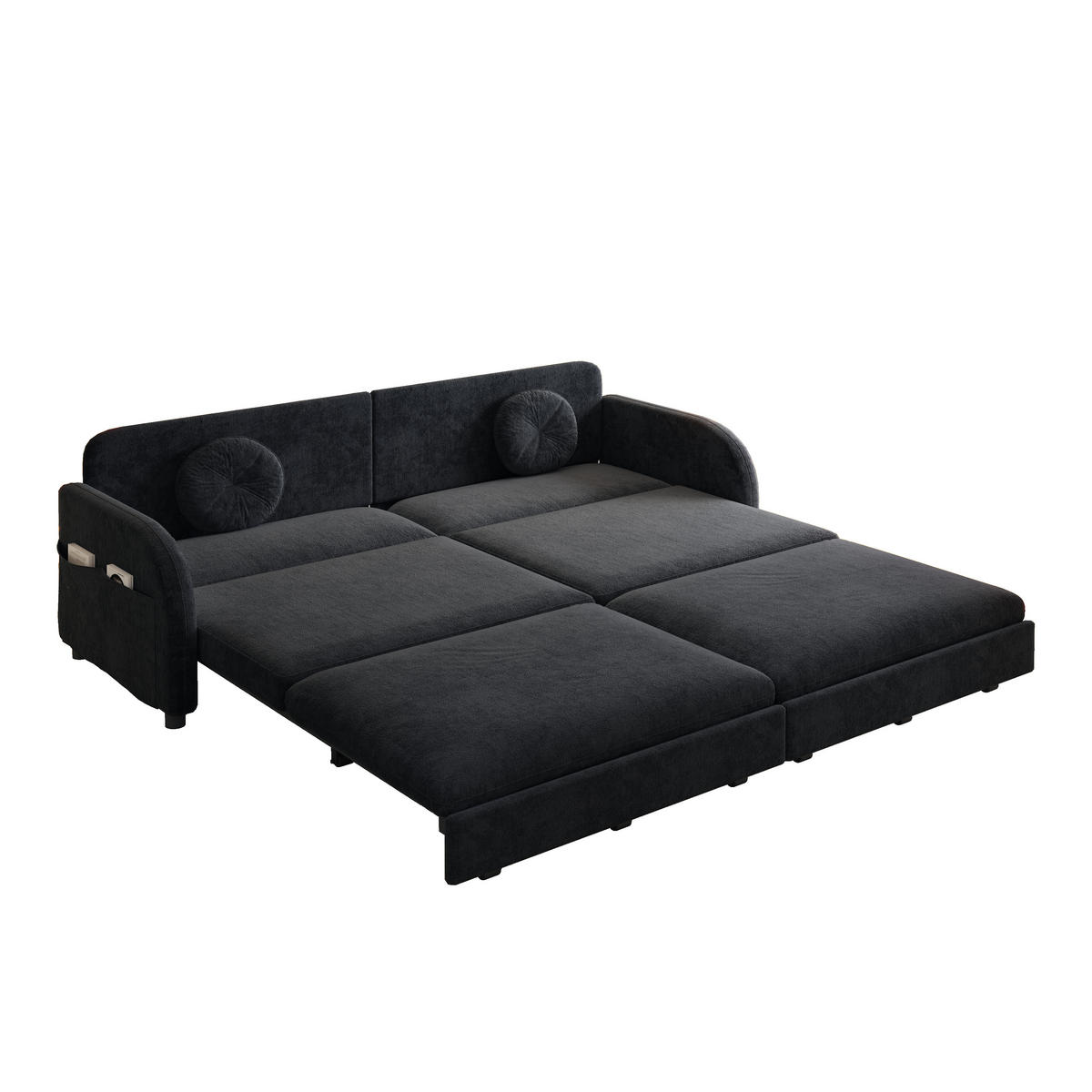 SCHLAFSOFA 3-in-1 ausziehbar 206 cm mit Stautaschen, DE-42862, Schwarz - Schwarz, Metall (206/90/84cm) - ComfortXL