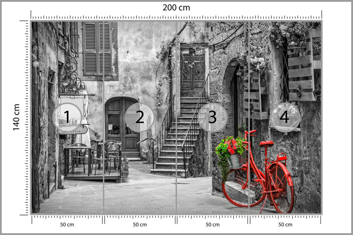 FOTOTAPETE für Wohnzimmer Italienische Gasse Rotes Fahrrad Toskana 200x140 - Rot/Schwarz, Papier (200/140cm) - Muralo
