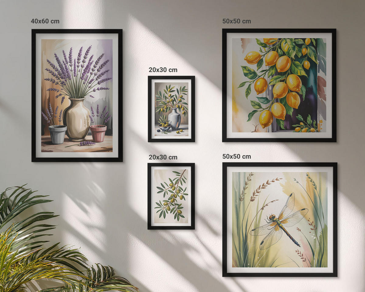 BILDER SET 5er Set - 50x50 cm & 20x30 cm & 40x60 cm Schwarzer Rahmen - Lavendelblüten und Architektur - Schwarz, Kunststoff (40/60cm) - TULUP
