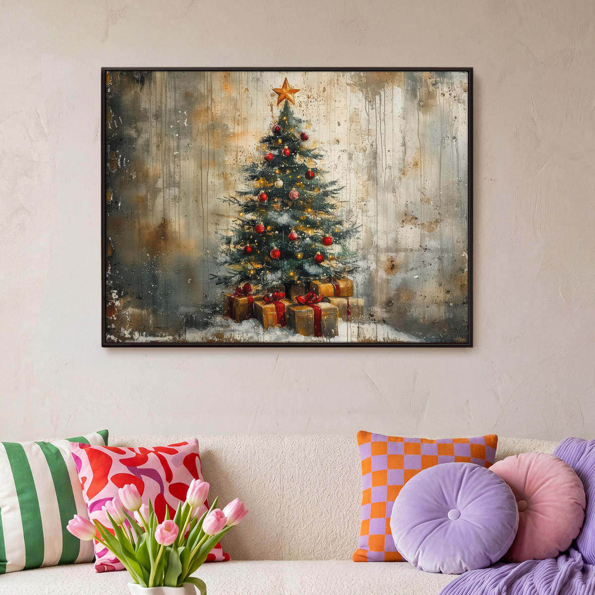 LEINWAND Bilder mit Rahmen - Weihnachtsbaum - Vintage - Weihnachten - Geschenk - 100x70 - Rostfarben, Textil (100/70cm) - MuchoWow
