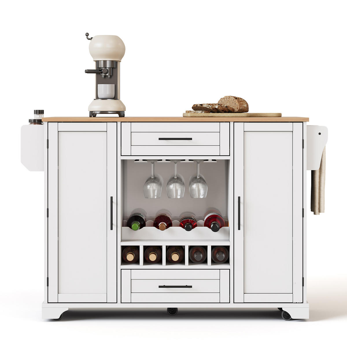KÜCHENINSEL Mobile & Servierwagen (138 cm) in Weiß/Natur mit Weinregal & viel Stauraum - Weiß, Holzwerkstoff (138/92/70cm) - Urban Meuble