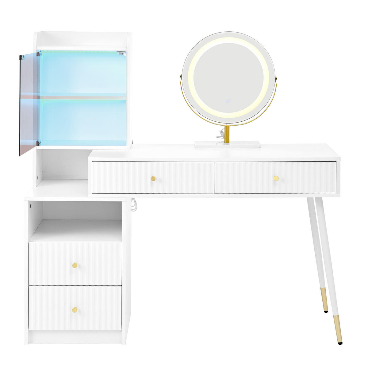 SCHMINKTISCH aus Spanplatte 100x40x125 cm Weiß mit LED-Spiegel, 4 Schubladen und beleuchteter Glasvitrine - Weiß, Holzwerkstoff (100/125/40cm) - Modfu