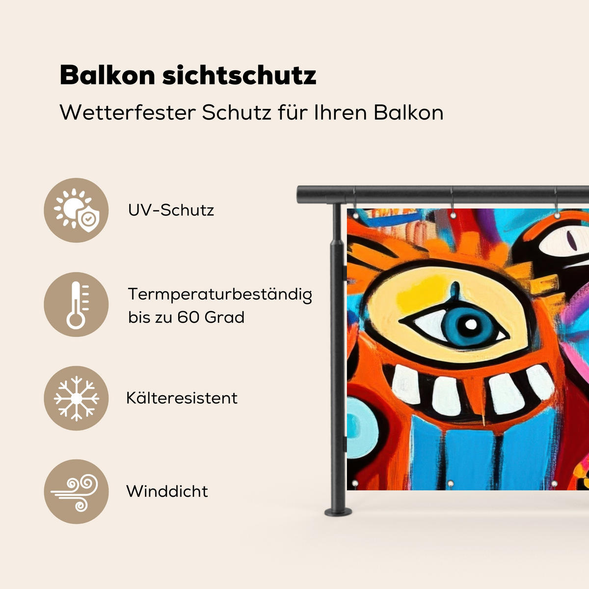 BALKON-SICHTSCHUTZ Abstrakt - Gesicht - Farbenfroh - Multicolor, Kunststoff (300/120cm) - MuchoWow