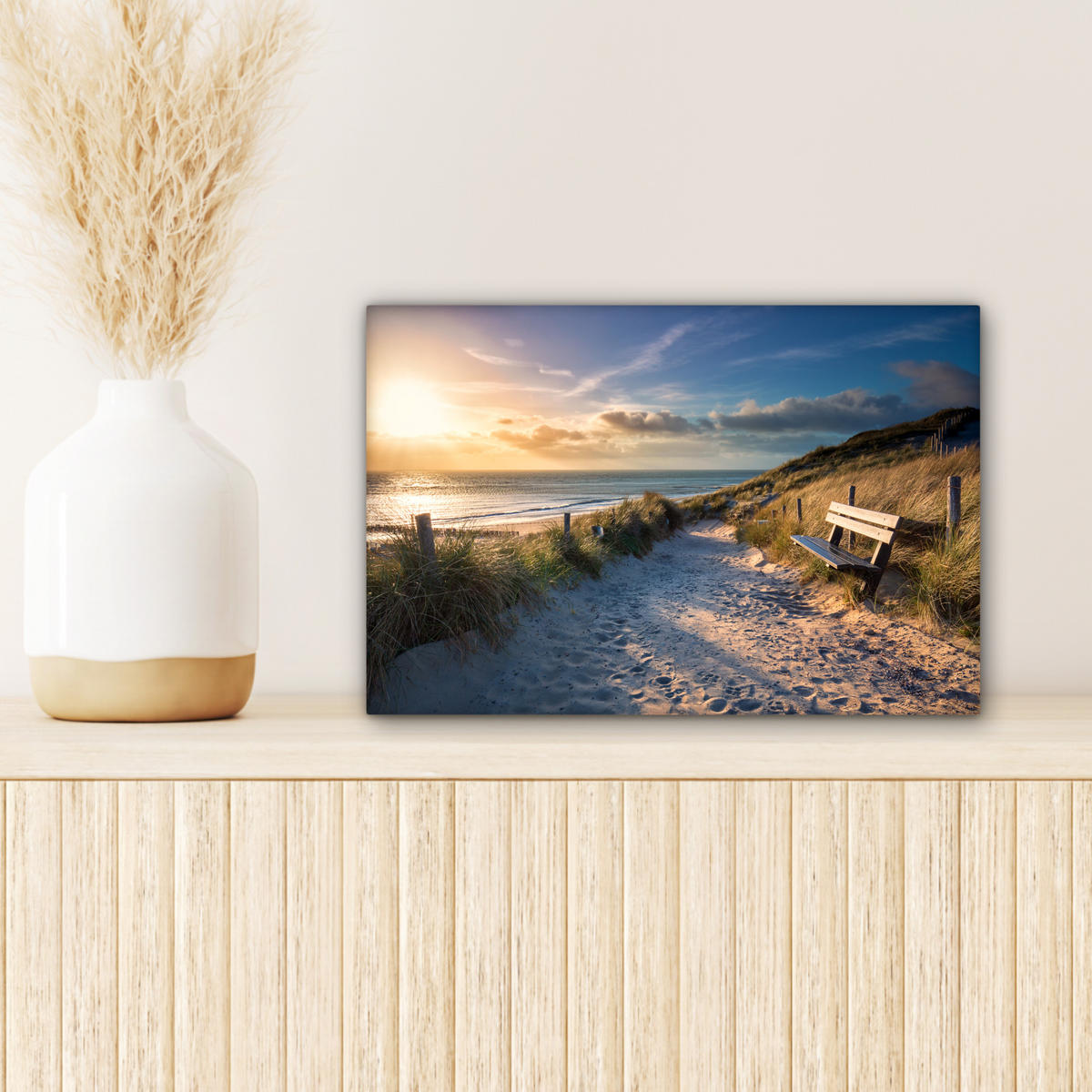LEINWANDBILD - Sonnenuntergang - Strand - Düne - Gras - Ufer - 30x20 - Deko XXL - Sandfarben, Textil (30/20cm) - MuchoWow