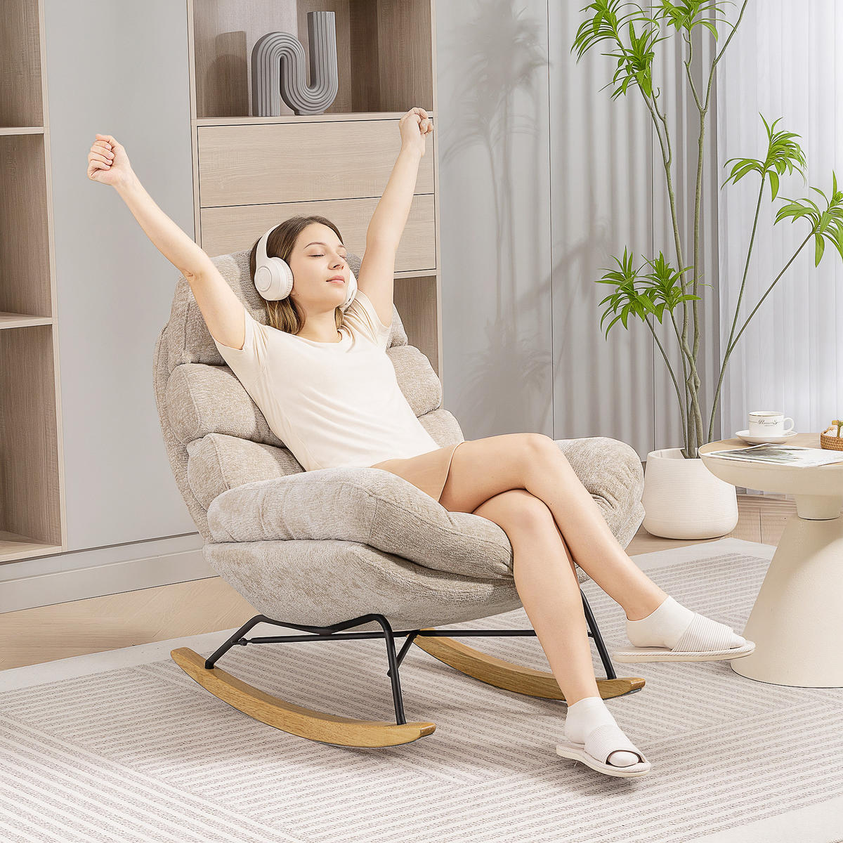 SCHAUKELSTUHL Schaukelsessel Schneidersitz mit Rückenlehne Chenille-Optik - Creme, Textil (80/91/103cm) - HOMCOM