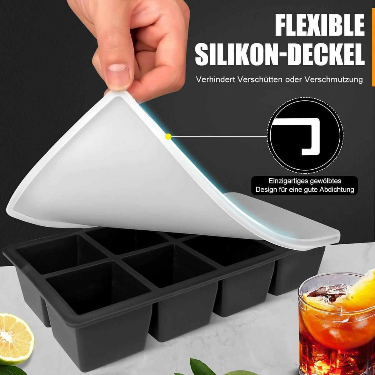 EISWÜRFELFORM 2er-Set Silikon Schwarz mit Deckel - Schwarz, Kunststoff (1/1/1cm)