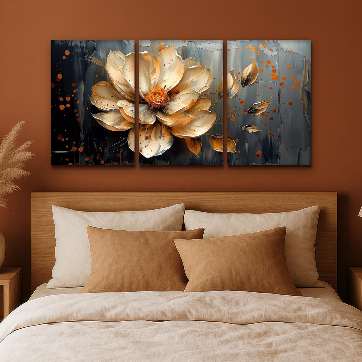 LEINWANDBILD 3er Set Blume - Gold - Abstrakt - Farbe 120x60 cm - Creme, Textil (120/60cm) - MuchoWow