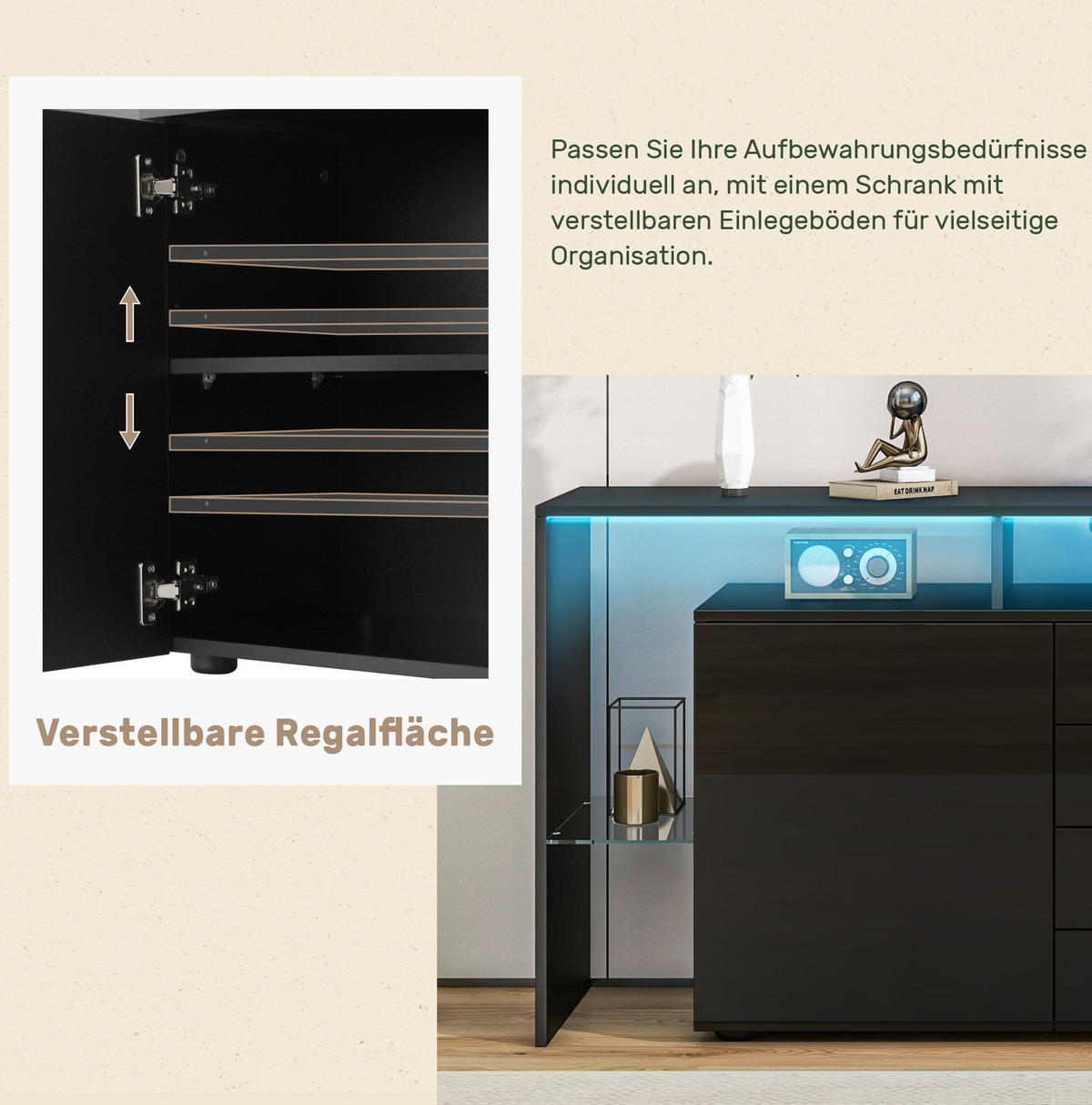 SIDEBOARD aus Spanplatte und Glas 160x35x70 cm Schwarz mit LED-Beleuchtung, 4 Schubladen und Stauraum - Schwarz, Holzwerkstoff (160/70/35cm) - IVMEU