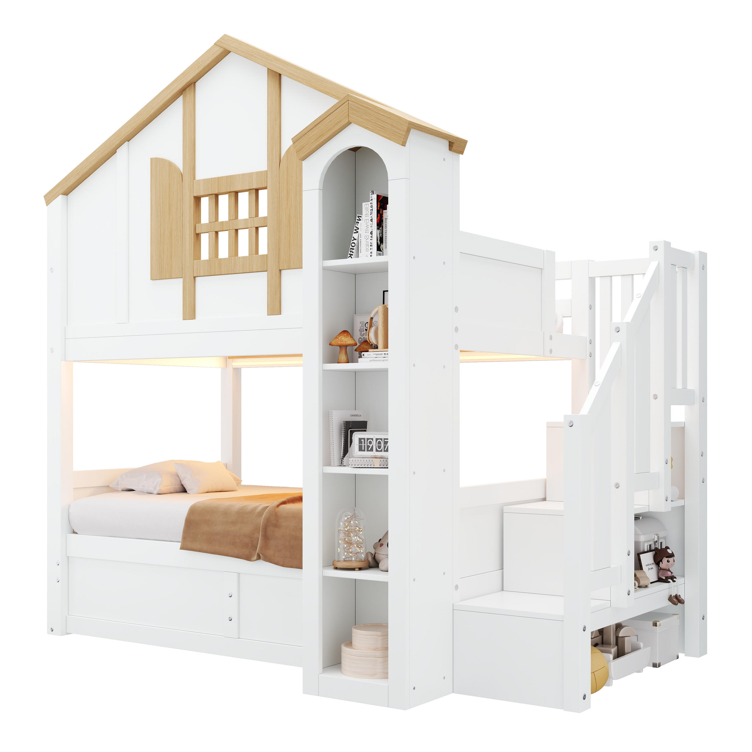 ETAGENBETT Massivholz LED Stauraumtreppe 90x200 Hausbett Weiß - Weiß, Holz - FLIEKS