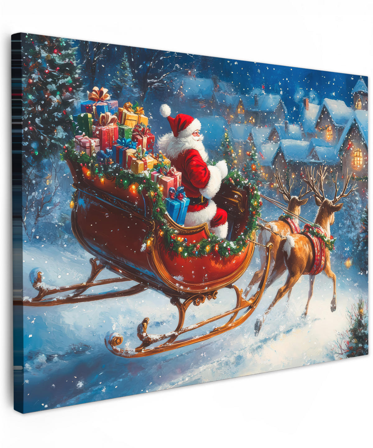 LEINWANDBILD Weihnachtsmann - Rentier - Weihnachten - Schnee 40x30 cm - Cognac, Textil (40/30cm) - MuchoWow