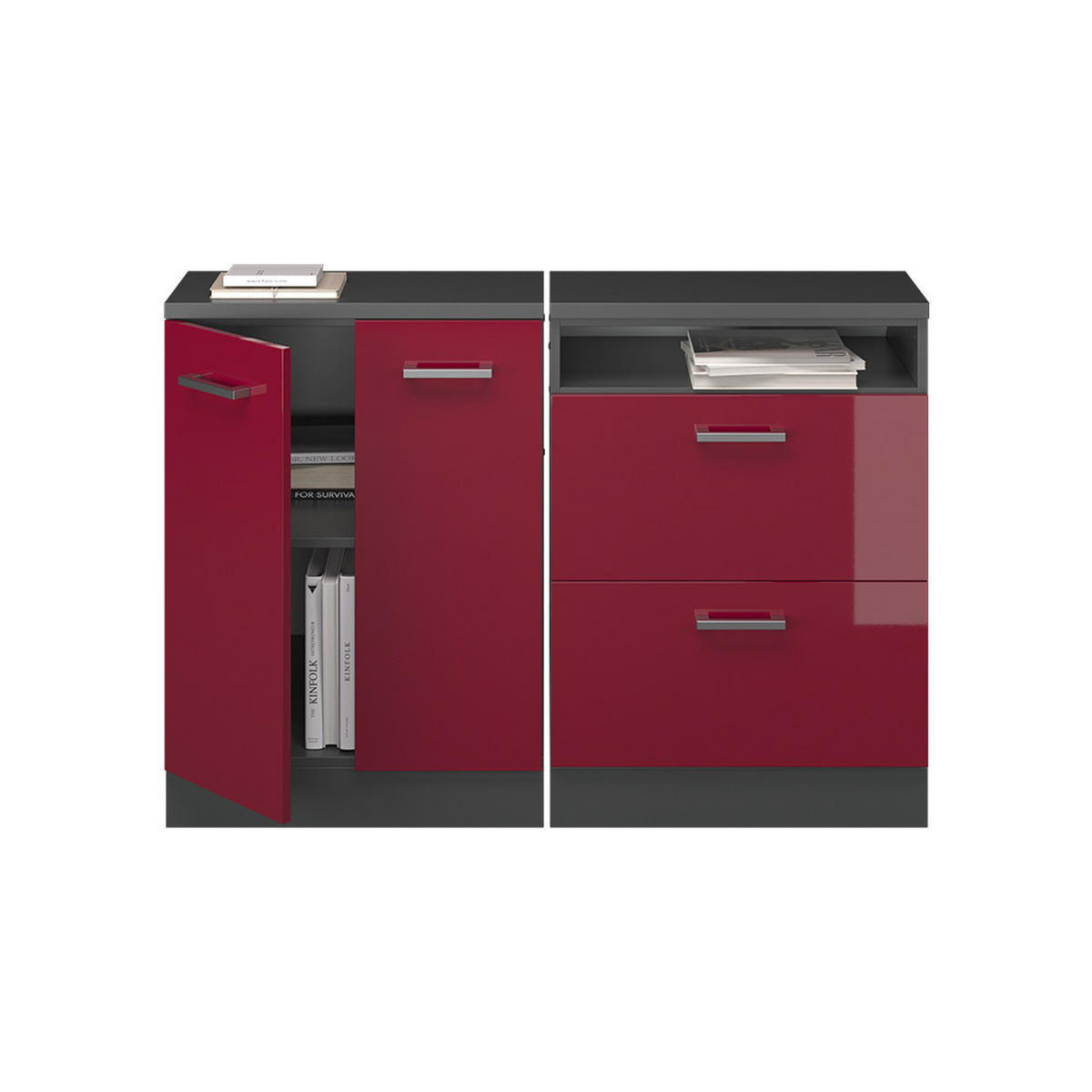 KUHINJSKI ORMAR ZA KOSINE KROVA R-Line Crveni visoki sjaj 120 cm Set od 2 korpusa ormara, dubina 60 cm - crvena/antracit, drvni materijal (120/83.8/60cm) - Vicco