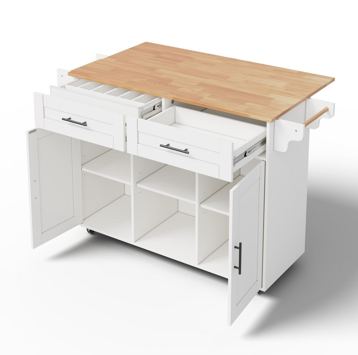 KÜCHENINSEL 145/70/94,5 cm mit klappbarer Arbeitsplatte, verstellbaren Regalen und 5 Rollen, MDF, Weiß - Weiß, Holzwerkstoff (145/94.5/70cm) - Redom