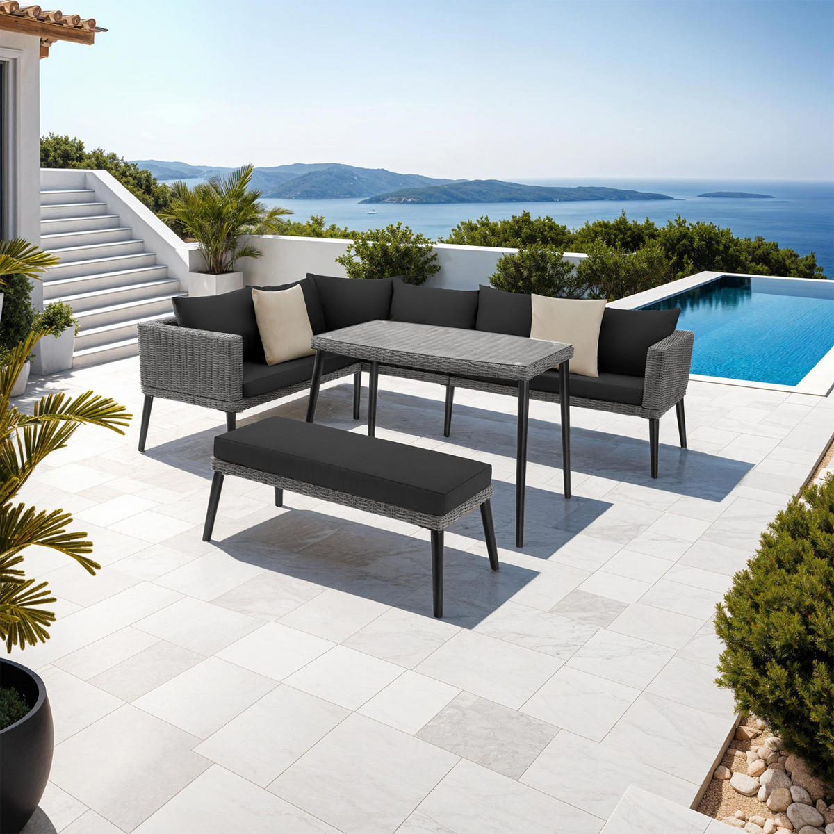 RATTANLOUNGE Pula,mit Sicherheitsglasplatte,grau - Grau, Kunststoff/Metall - tectake