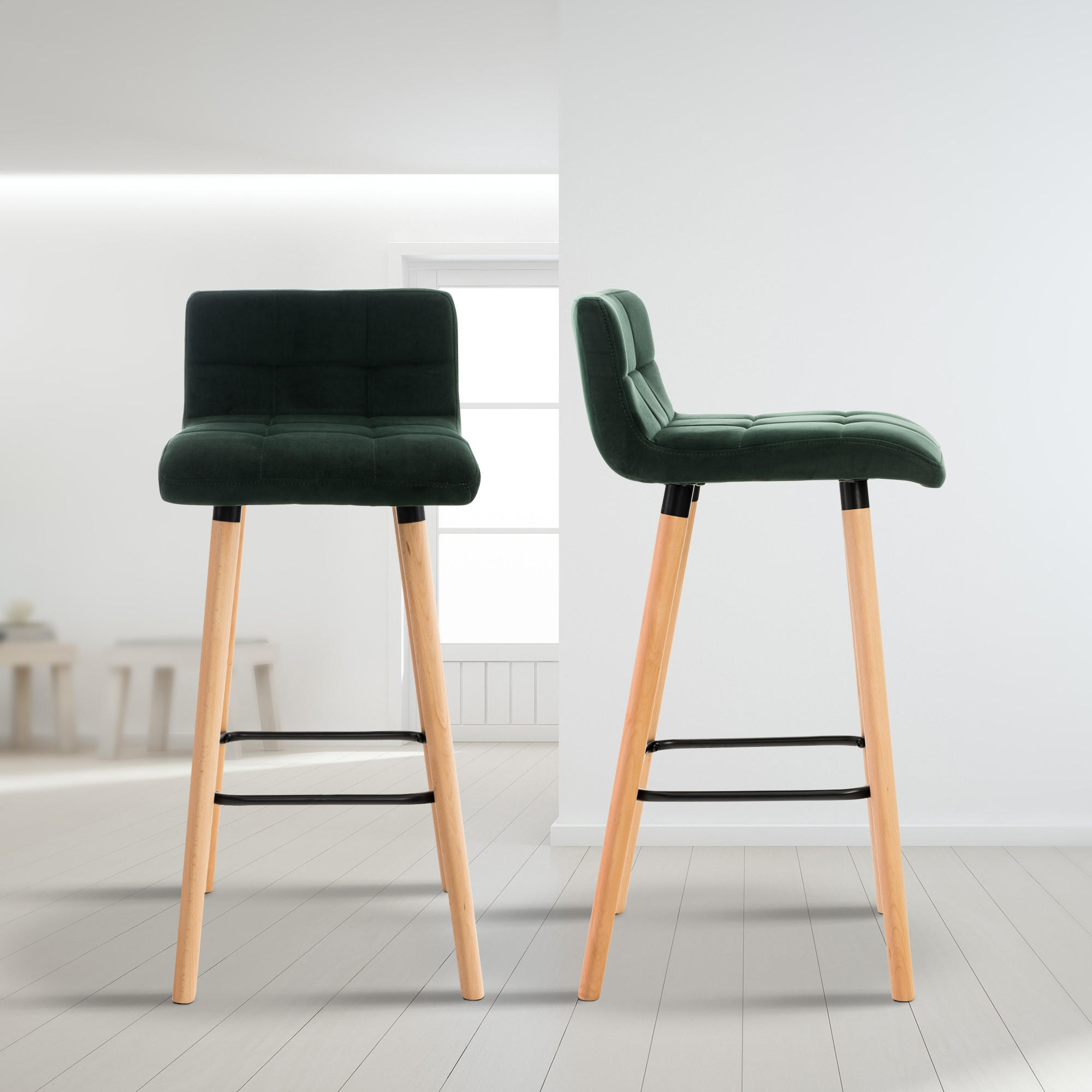 BARHOCKER Samt Grün - Eukalyptusholzfarben/Grün, Holz/Textil (42/94/49cm) - CLP