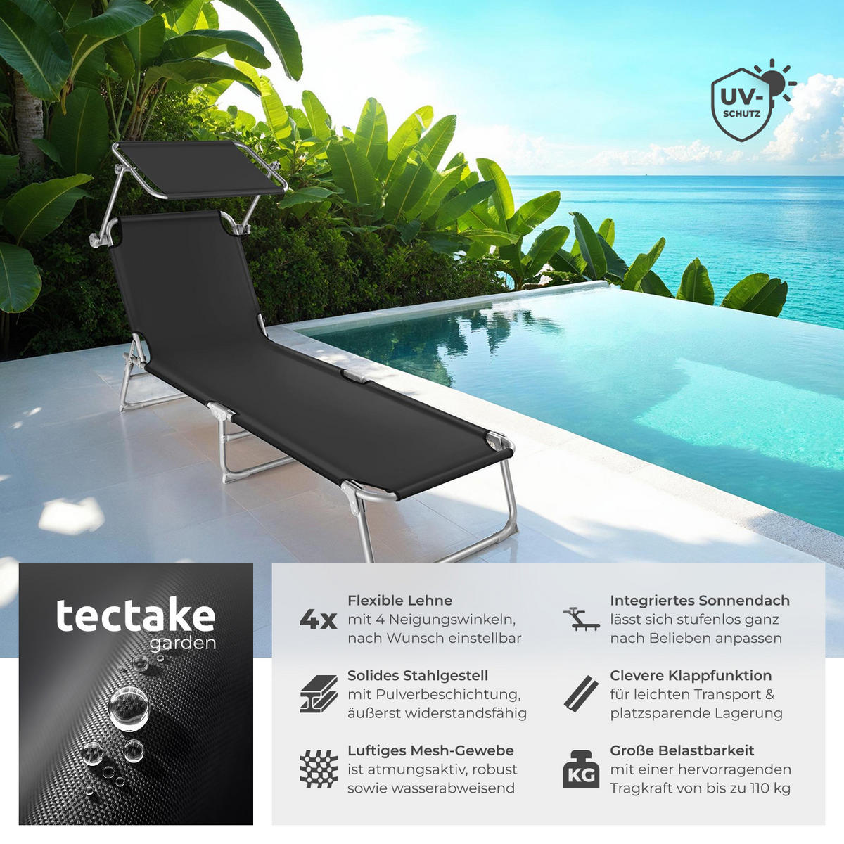 GARTENLIEGE 2er Set, 190 x 68 x 28 cm,schwarz - Schwarz, Kunststoff (68/28/190cm) - tectake