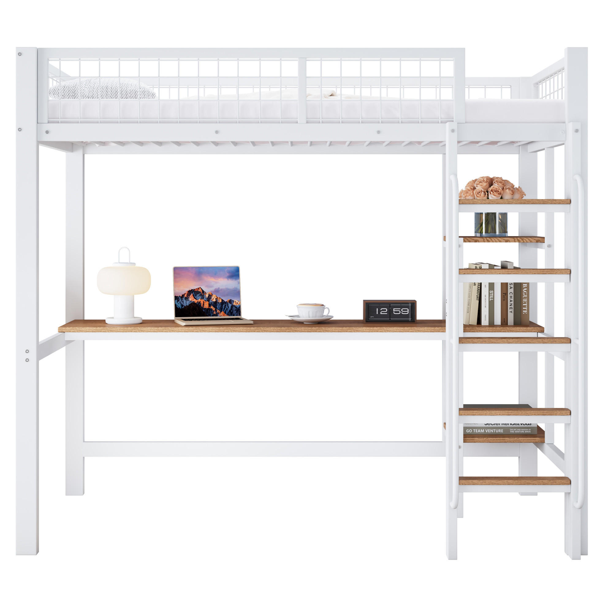 HOCHBETT 90/200 cm mit Schreibtisch und Regalen – Metall in Weiß/Natur - Weiß, Metall (90/200cm) - BEAOK