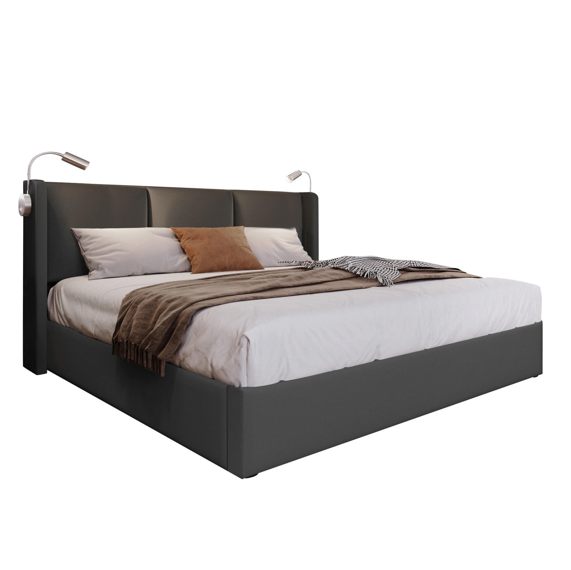 POLSTERBETT 160/200 cm grau mit Stauraum und Leselicht - Grau, Kunststoff (160/200cm) - OKWISH