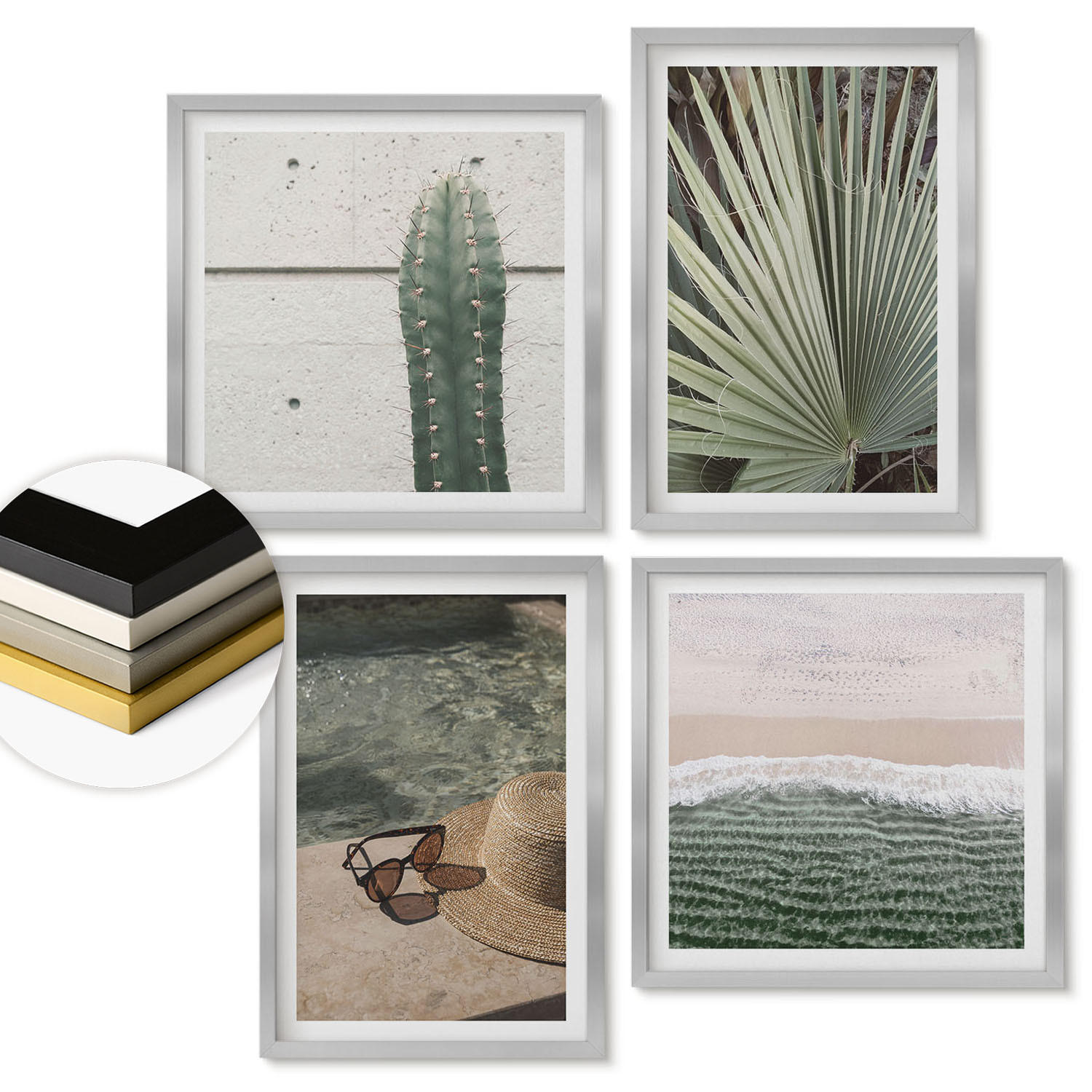WANDBILDER 4er Set - 50x50 cm & 40x60 cm Silberner Rahmen - Zubehör für tropische Pflanzen - Silberfarben, Kunststoff (50/50cm) - ArtPrintCave