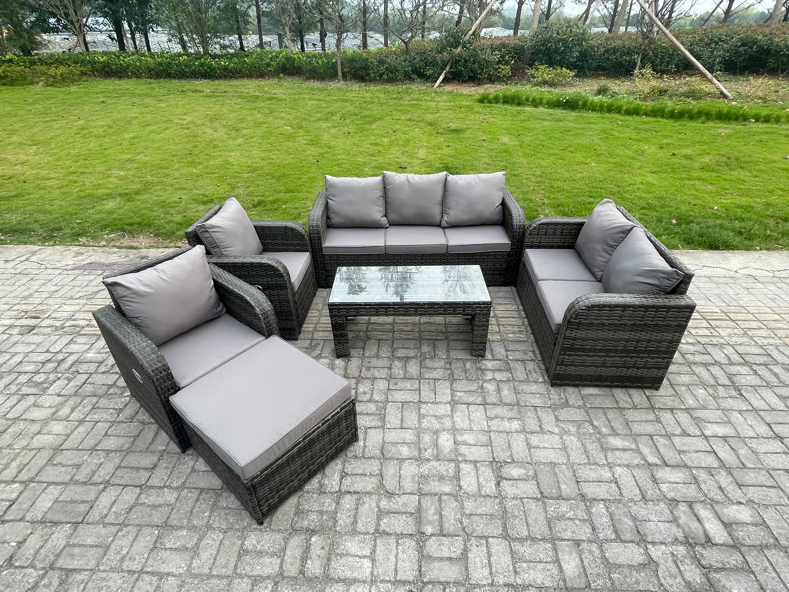 GARTENSOFA SET mit rechteckigem COUCHTISCH Polyrattan 8-Sitzer Dunkelgrau - Dunkelgrau/Grau, Glas/Kunststoff - Fimous