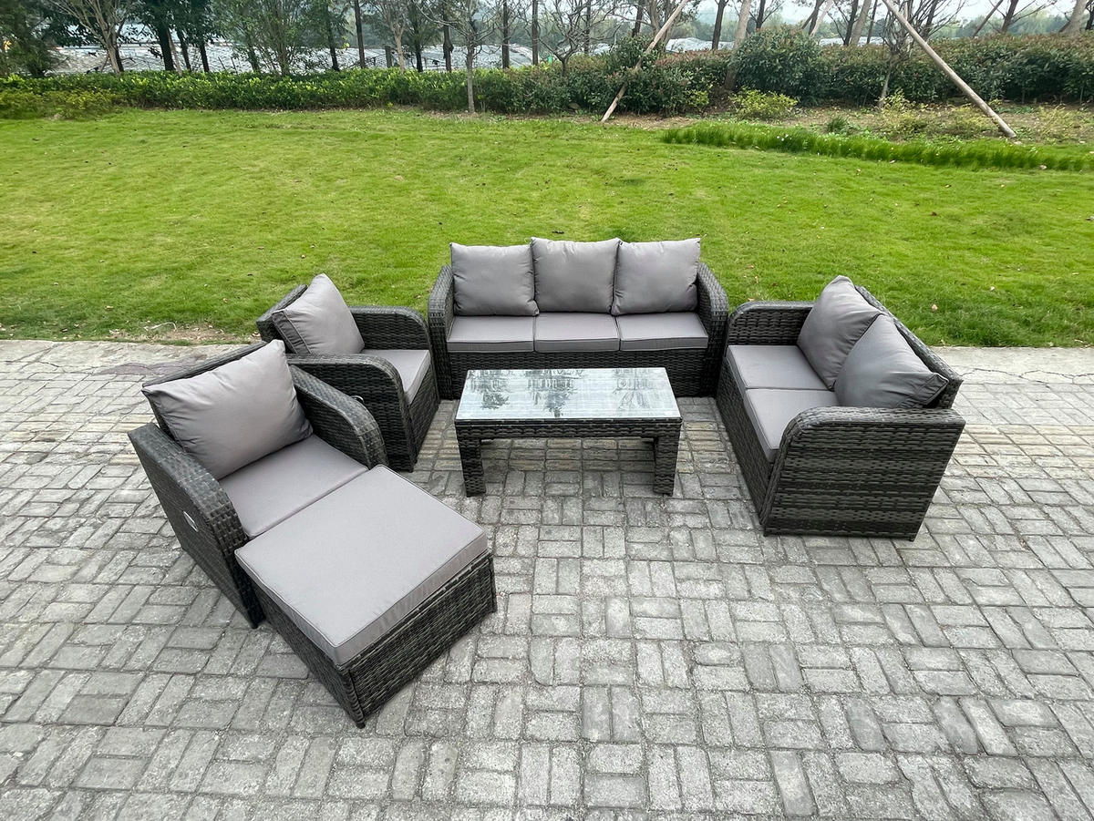 GARTENSOFA SET mit rechteckigem COUCHTISCH Polyrattan 8-Sitzer Dunkelgrau - Dunkelgrau/Grau, Glas/Kunststoff - Fimous