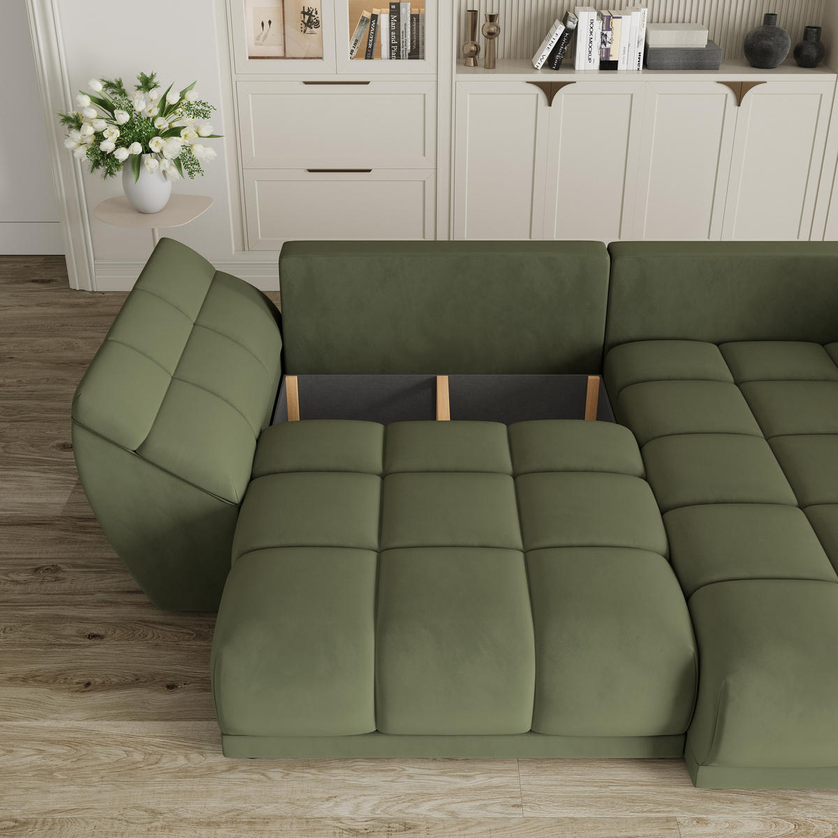ECKSOFA ORENTI R-S Grün Velours-Stoff mit Schlaffunktion - Grün, Holz (287/182cm) - MASSENO