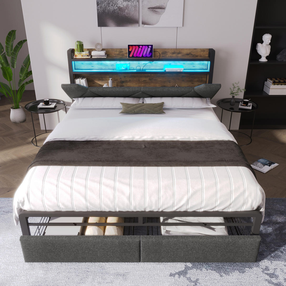 BETT mit Stauraum, LED und USB 160x200 cm Leinen Grau - Grau, Metall (160/200cm) - Meubliv