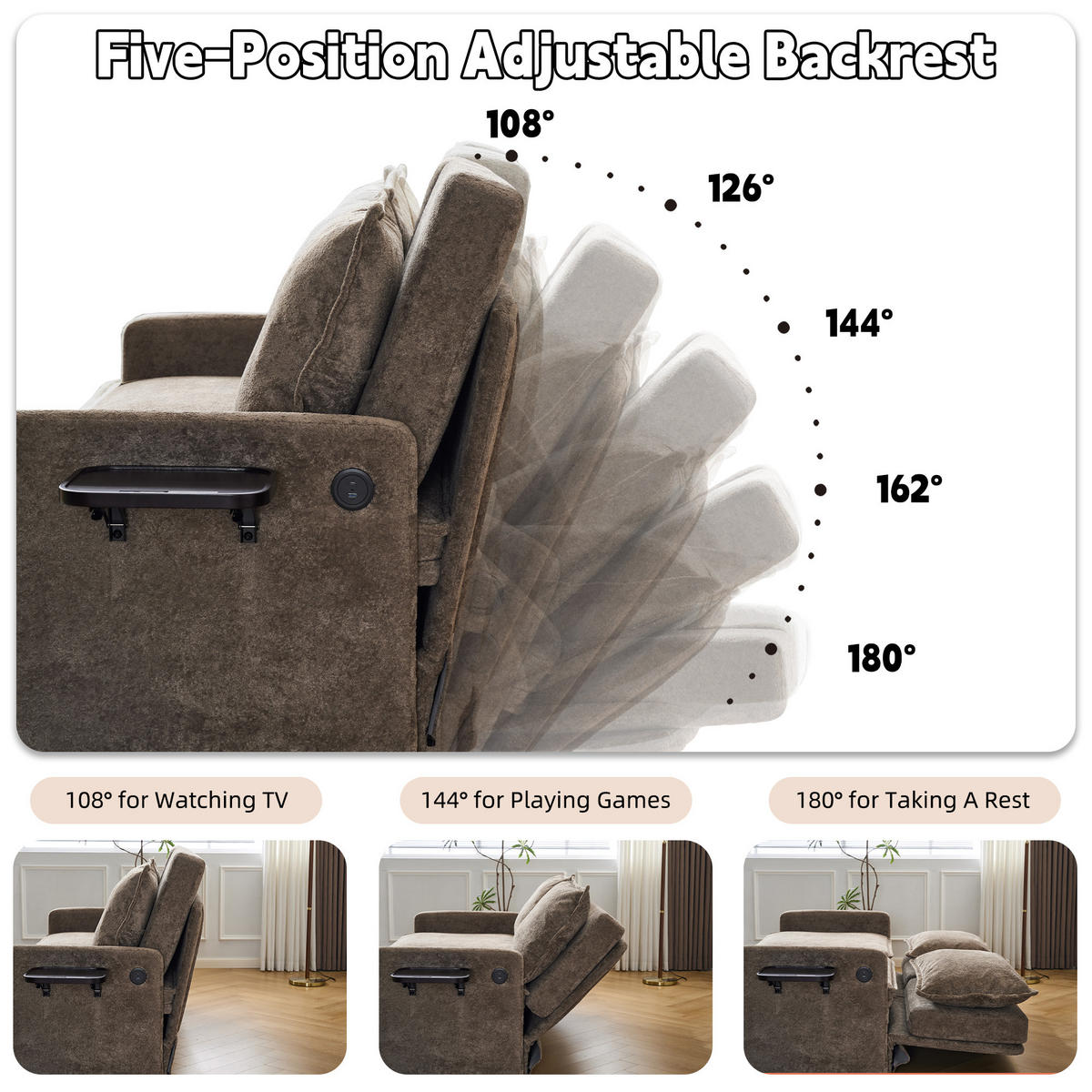 SCHLAFSOFA DE-33505 mit 5‑Stufen verstellbar Braun - Braun, Textil (172.5/95/71cm) - ComfortXL