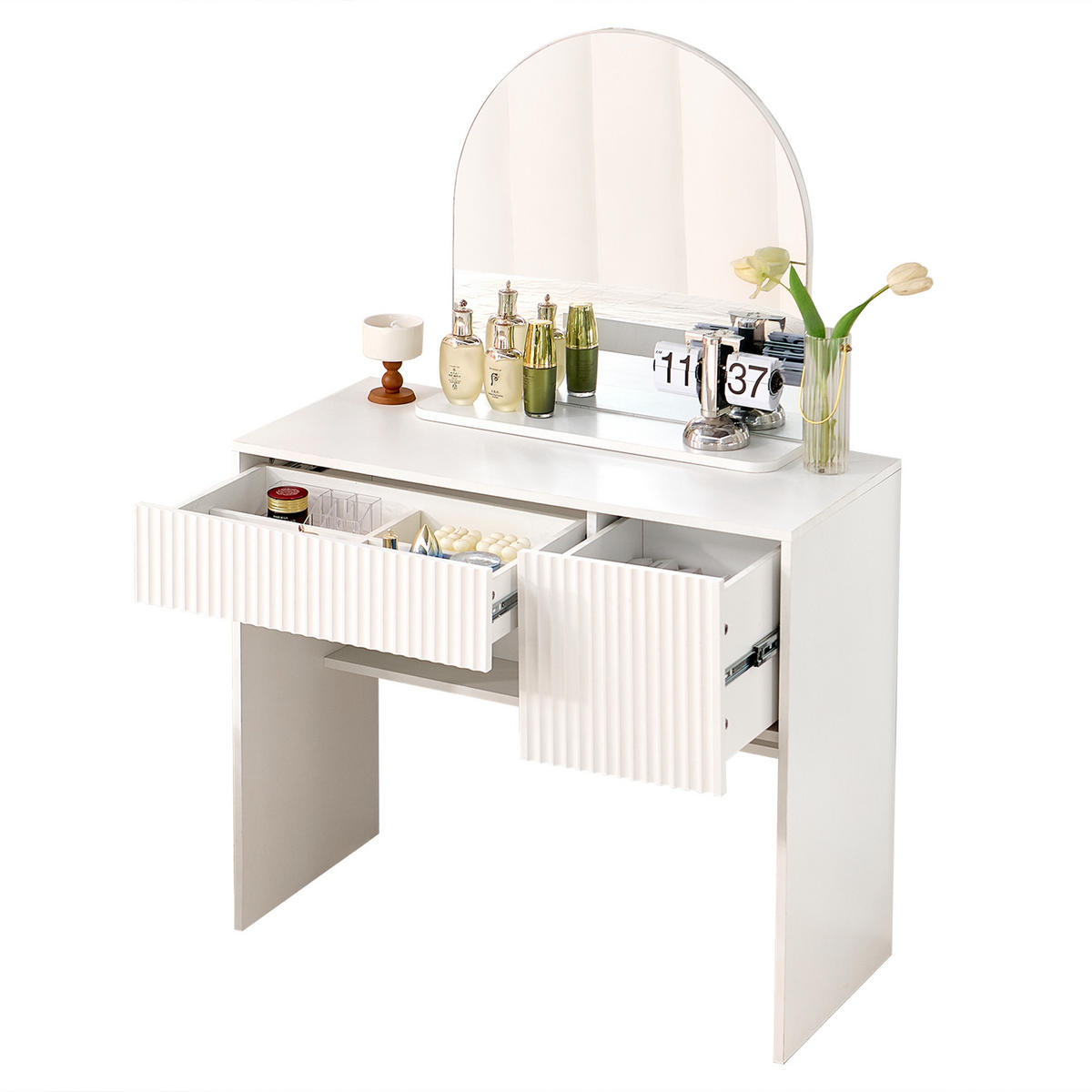 SCHMINKTISCH 40/90/135 cm weiß aus MDF mit Spiegel und 2 Schubladen - Weiß, Holzwerkstoff (40/135/90cm) - OKWISH