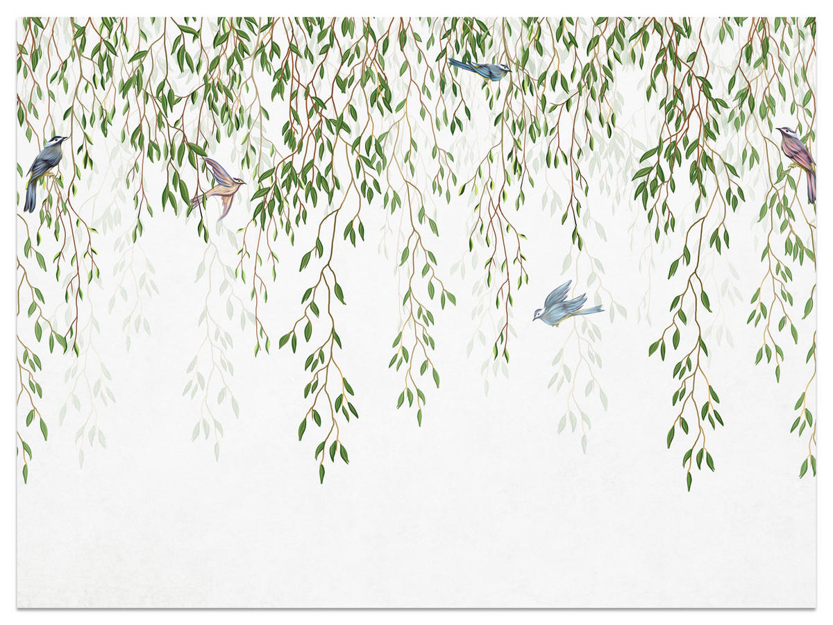 FOTOTAPETA Pre Spálňu Smútočná Vŕba Konáre Vtáky Jar Listy 450 x 315 cm - hnedá/modrá, papier (450/315cm) - Muralo