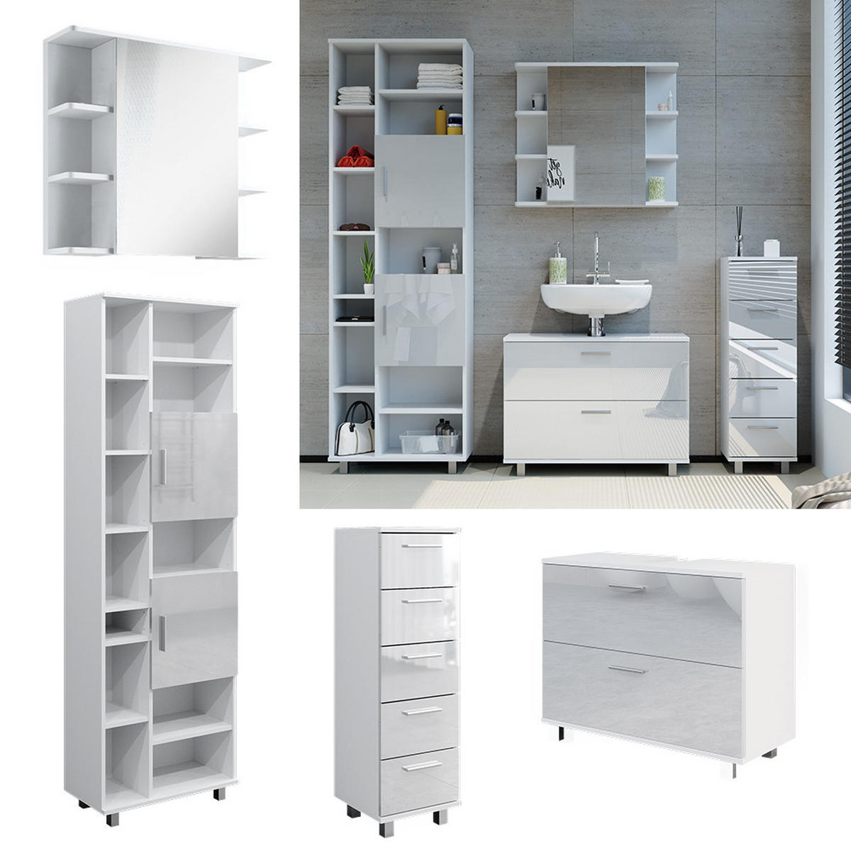 BADMÖBEL-SET Ilias Weiß Hochglanz 4 Teile, mit Hochschrank - Weiß Hochglanz, Holzwerkstoff (80.2/60.8/33cm) - Vicco