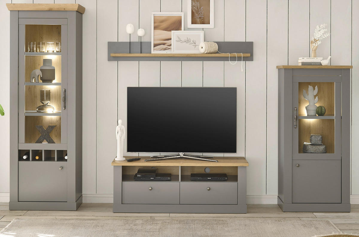 TV-LOWBOARD grau, Artisan Eiche Landhaus 132 cm, TV Unterteil mit Schubladen - Silberfarben/Eiche Artisan, Holzwerkstoff/Metall (132/48/44cm) - Furn.Design